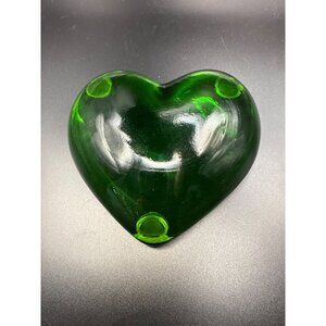 Green Footed Large Heart-Shaped Glass Paperweight 4.5"